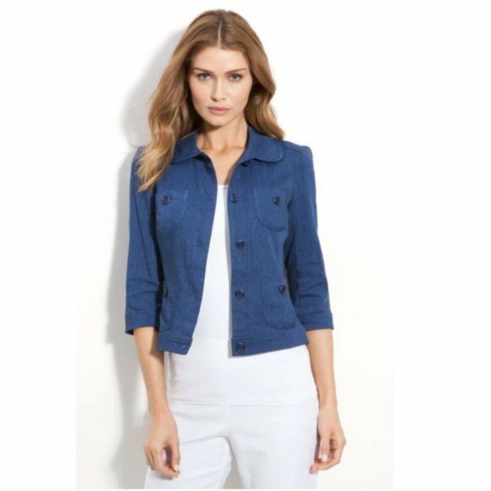 Trina Turk Womens Etta Jacket Button Front Linen Blend Indigo Blue Size 6